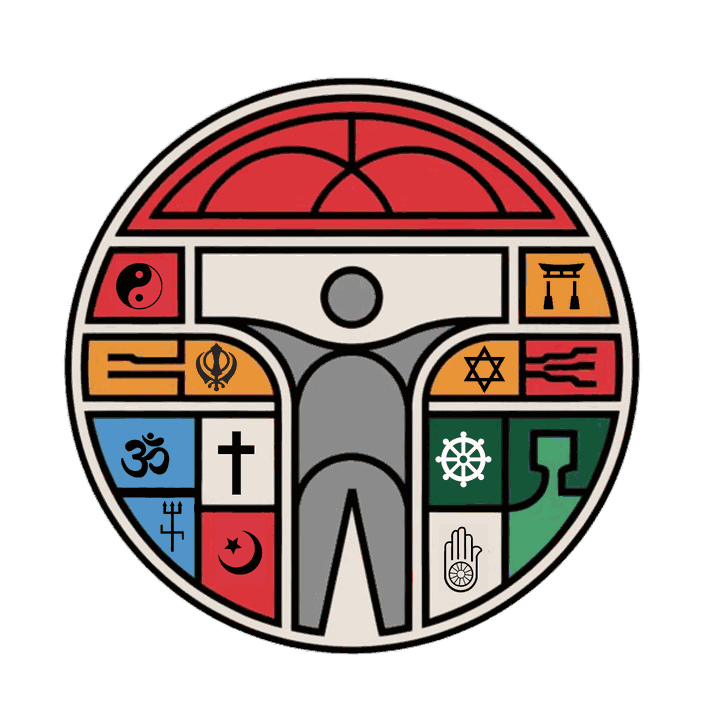Emblema do Ipecre: figura vitruviana ao centro de um vitral com símbolos de doze tradições religiosas